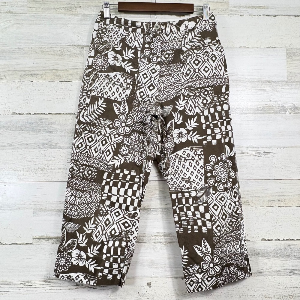 Chico's Crop Pants Size 0 US‎ 4 Brown White Patchwork Tropical Geometric Boho
